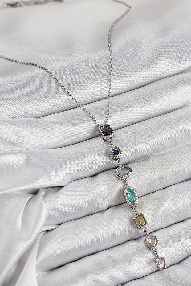 Silver Brass Colorful Zircon Y Necklace for Elegant Woman