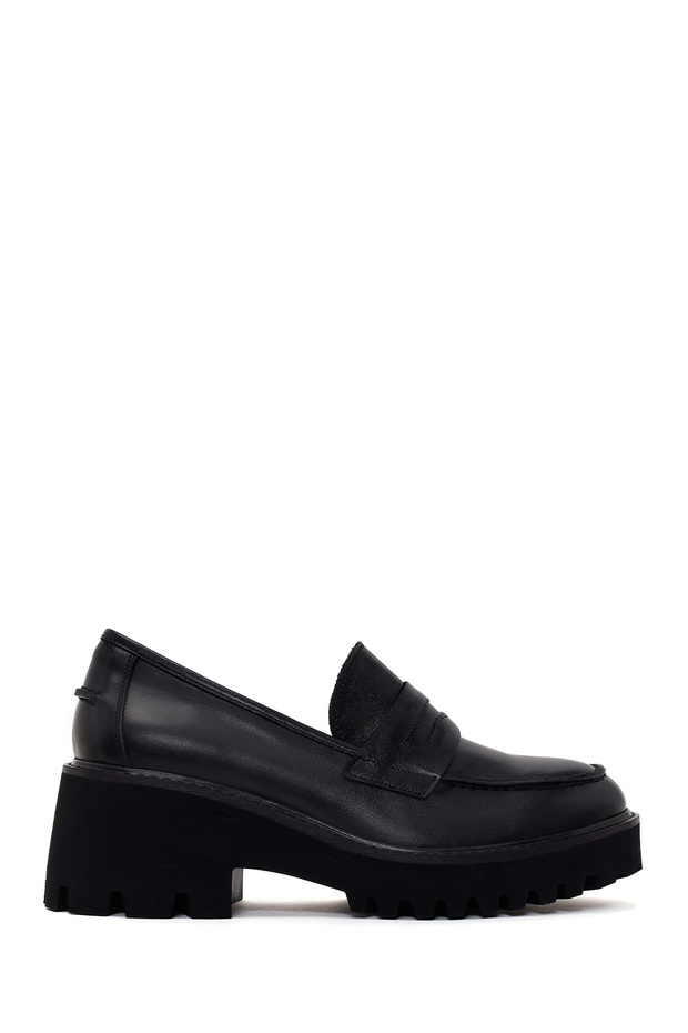 Women's Black Thick Heeled Leather Masculine Loafer Af180021Dv