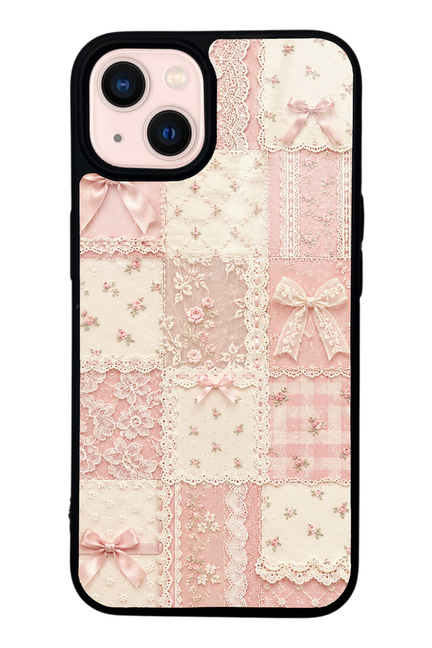 iPhone 13 Glossy Phone Case with Pink Lace Patchwork Design