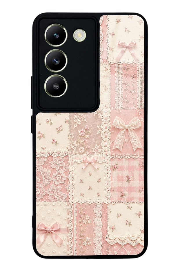Vivo V30 Lite Glossy Phone Case with Pink Lace Patchwork Design