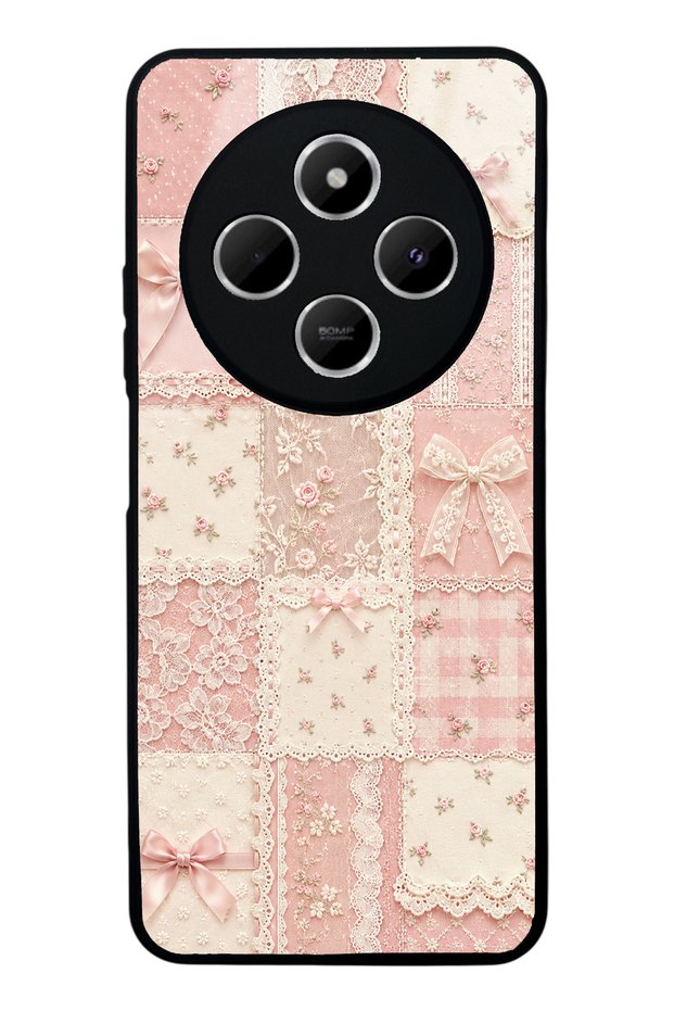 Xiaomi Redmi 14C Glossy Phone Case with Pink Lace Patchwork Design