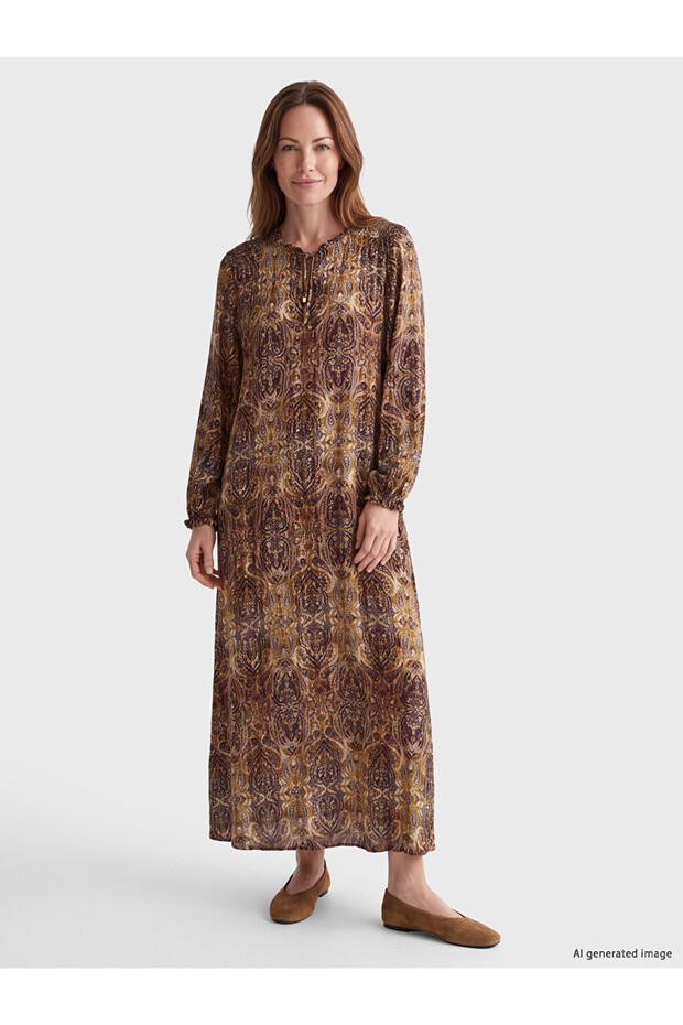 Lcw Grace Beige Tie Collar Patterned A-Line Dress