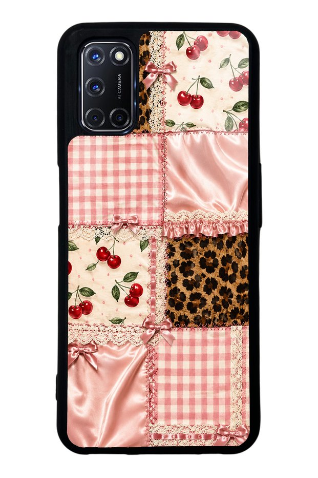 Oppo A52 Glossy Phone Case with Cherry Leopard Patchwork Design