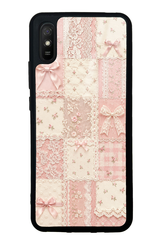Xiaomi Redmi 9A Glossy Phone Case with Pink Lace Patchwork Design