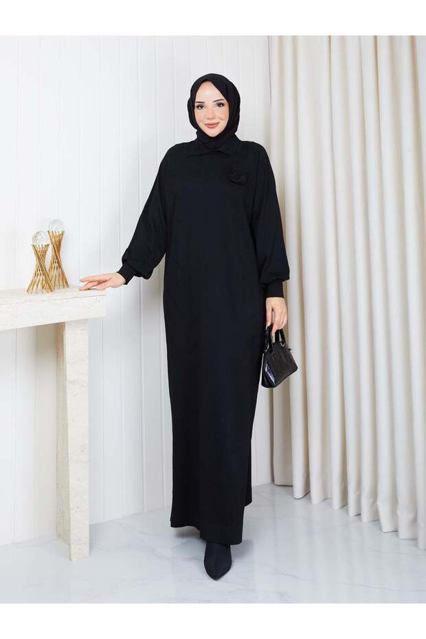 Knitted Dress with Roses on the Chest, Black