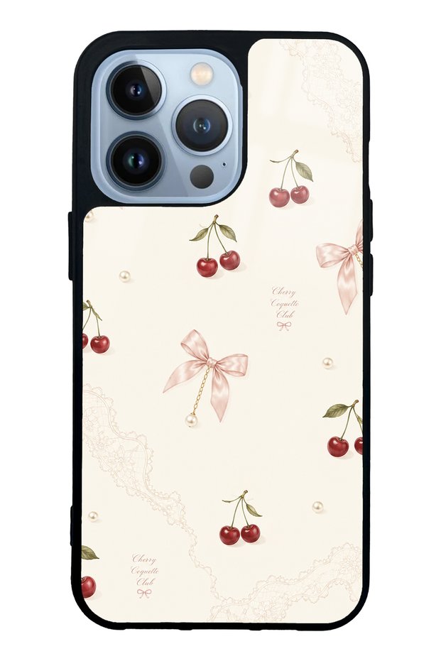 iPhone 13 Pro Glossy Phone Case with Cherry Pearl Lace Design