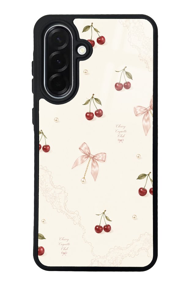 Samsung A36 Glossy Phone Case with Cherry Pearl Lace Design