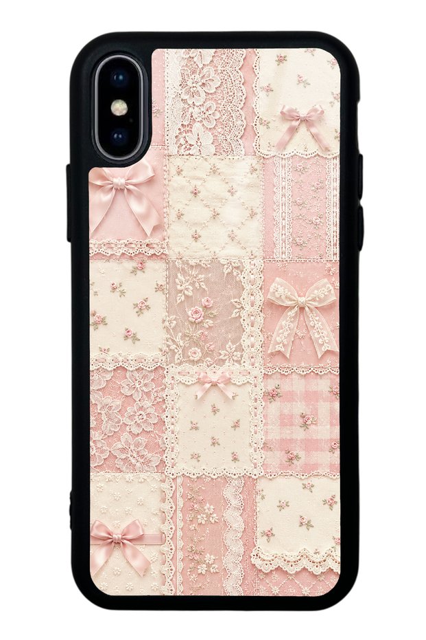 iPhone X Glossy Phone Case with Pink Lace Patchwork Design