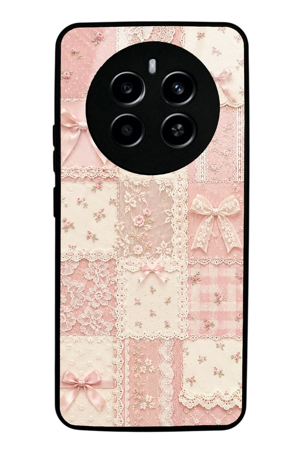 Realme 12 Glossy Phone Case with Pink Lace Patchwork Design