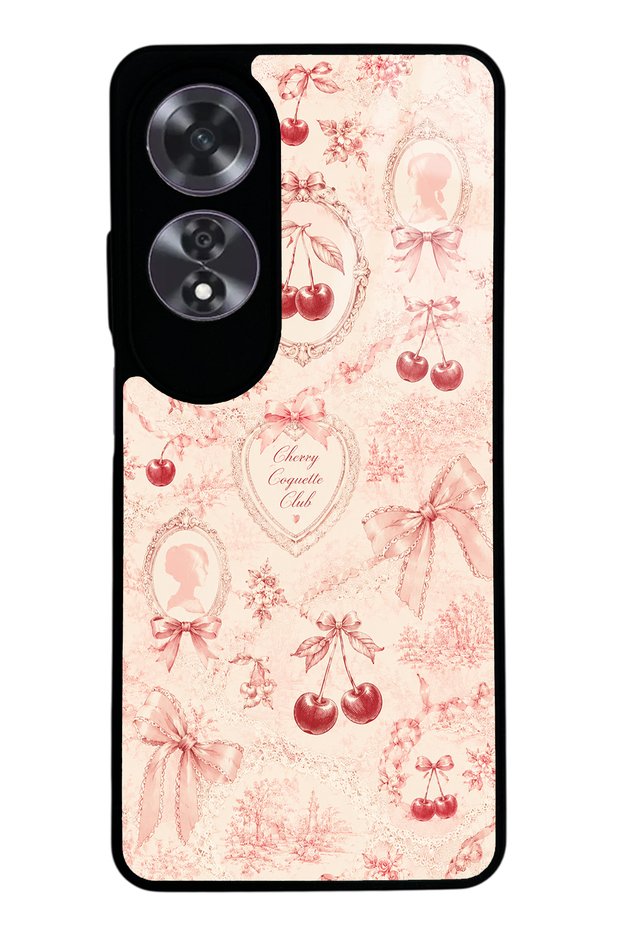 Oppo A60 Glossy Phone Case with Cherry Coquette Toile Design