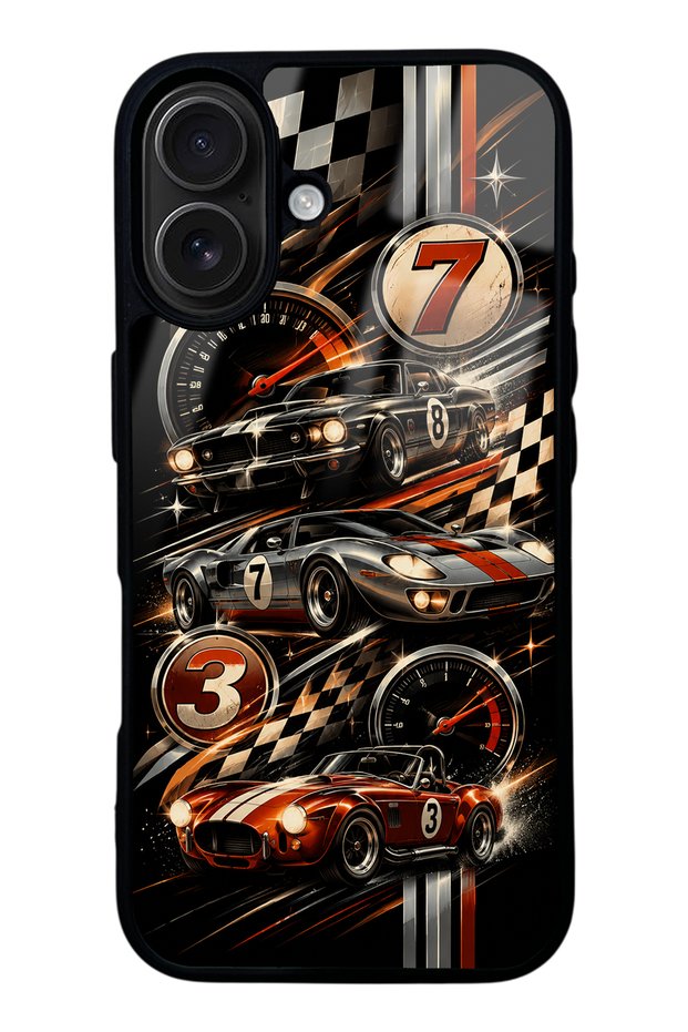 iPhone 16 Glossy Phone Case with Retro Speed Icons Design