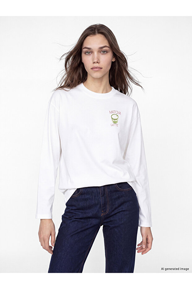 Lcw Comfort White Printed 100% Cotton Women's T-Shirt