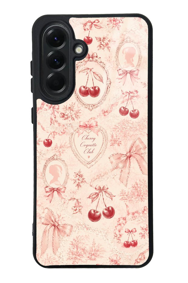 Samsung A56 Glossy Phone Case with Cherry Coquette Toile Design