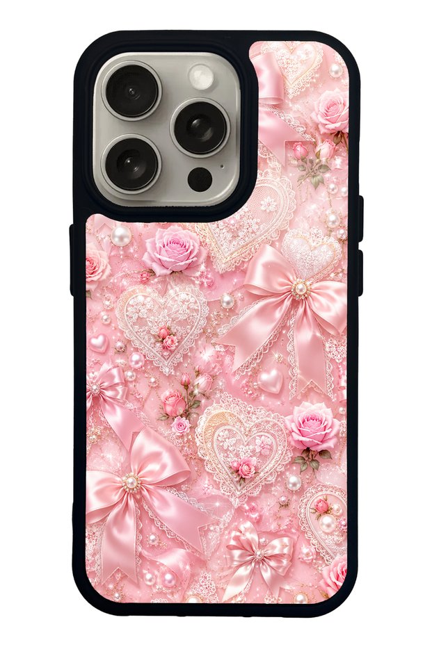 iPhone 15 Pro Pink Lace Romance Design Glossy Phone Case
