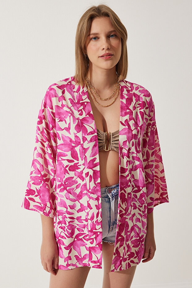 Patterned Viscose Kimono Len0004 Pink Ecru