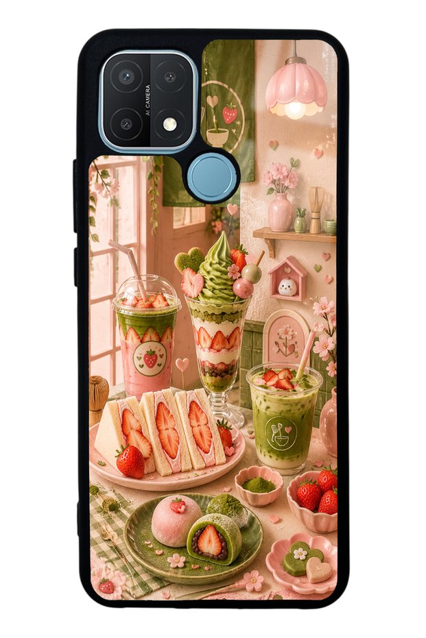 Oppo A15S Glossy Phone Case with Berry Matcha Corner Design