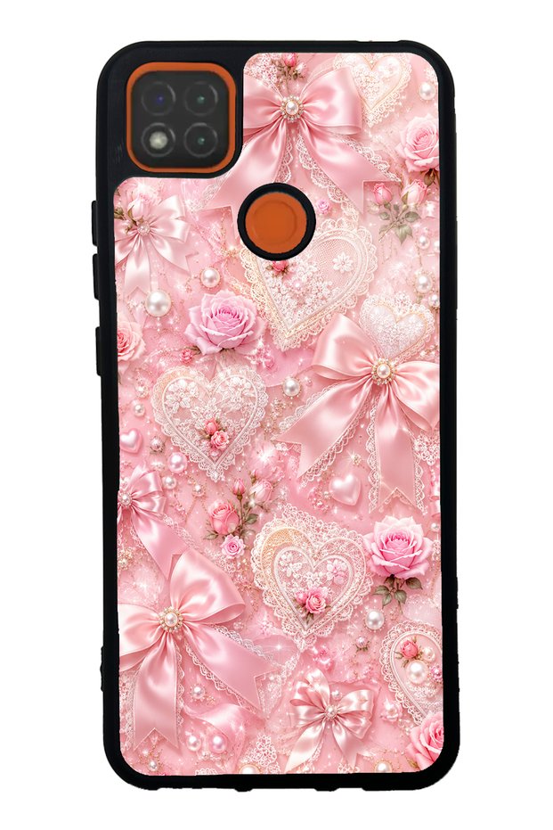 Xiaomi Redmi 9C Glossy Phone Case with Pink Lace Romance Design