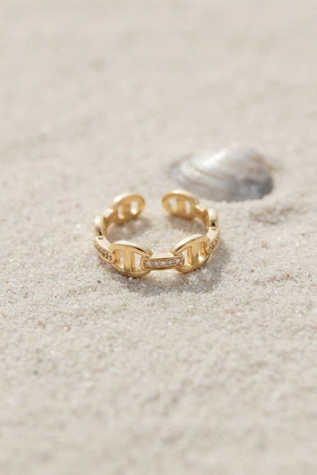 Golden Brass Zircon with Ship Chain Style Women's Ring for Elegant Fingers