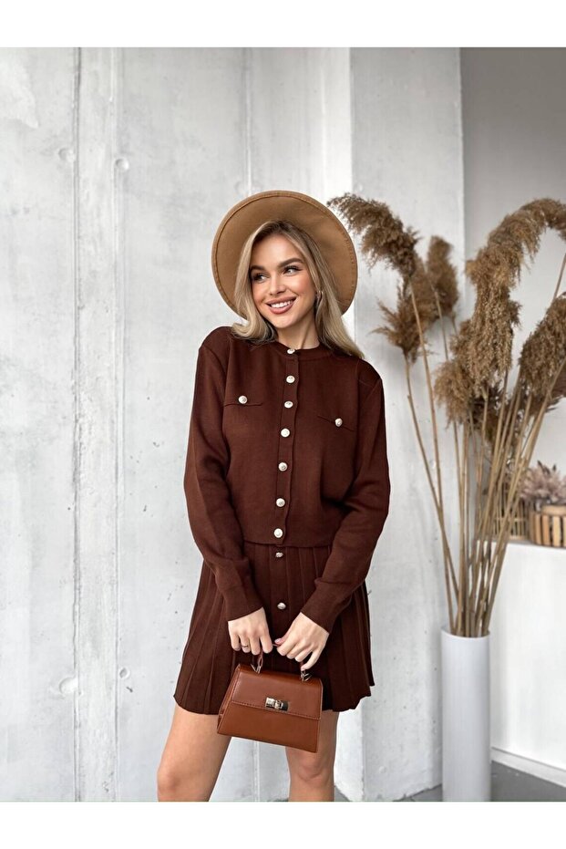 Dgn's Rosalinda Franche Gold Button Cardigan-Skirt Knit Set Night Star