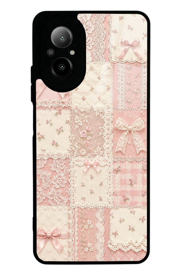 Realme 12 Lite Glossy Phone Case with Pink Lace Patchwork Design