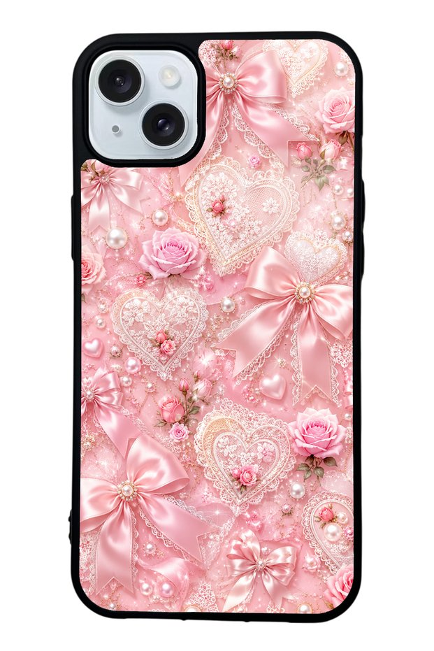 iPhone 15 Plus Pink Lace Romance Design Glossy Phone Case