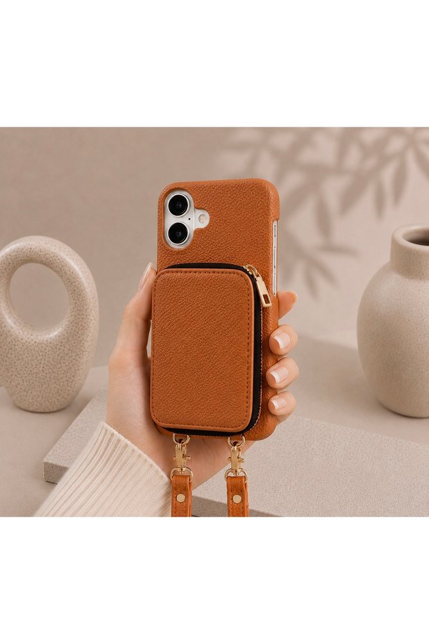 iPhone 17 (6.3 Inch) Compatible Premium Lux Leather Case with Open Sides, Slim Design, Wallet, Zipper, Card Holder, Crossbody Neck Strap, and Drawstring Strap