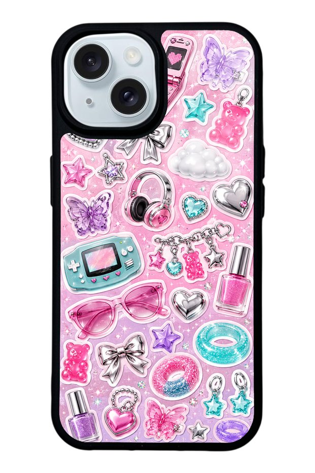 iPhone 15 Y2K Sticker Dreams Design Glossy Phone Case