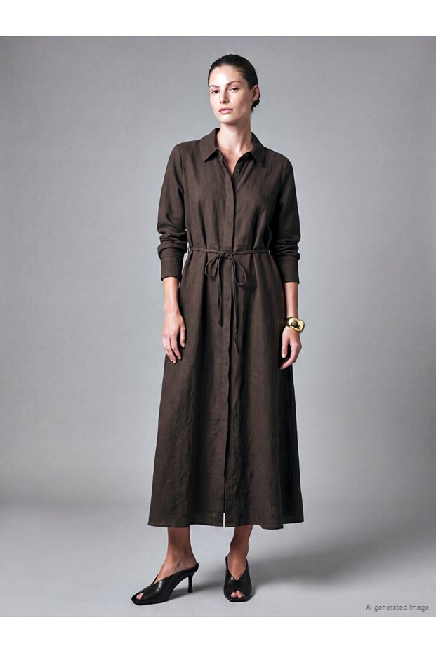 Özmarka New Season Brown Belted Shirt Dress