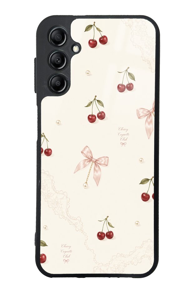 Samsung A14 Glossy Phone Case with Cherry Pearl Lace Design