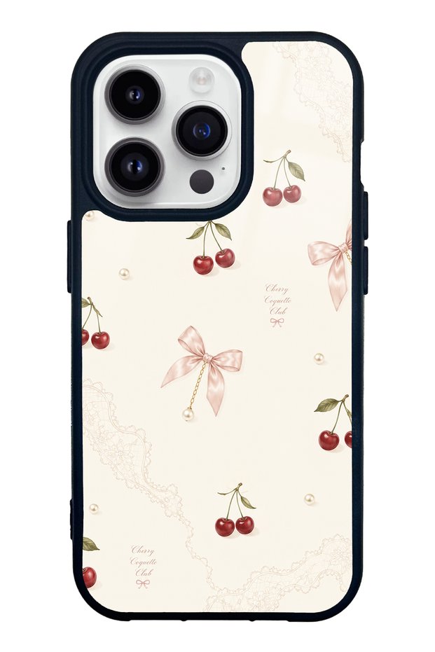 iPhone 14 Pro Glossy Phone Case with Cherry Pearl Lace Design
