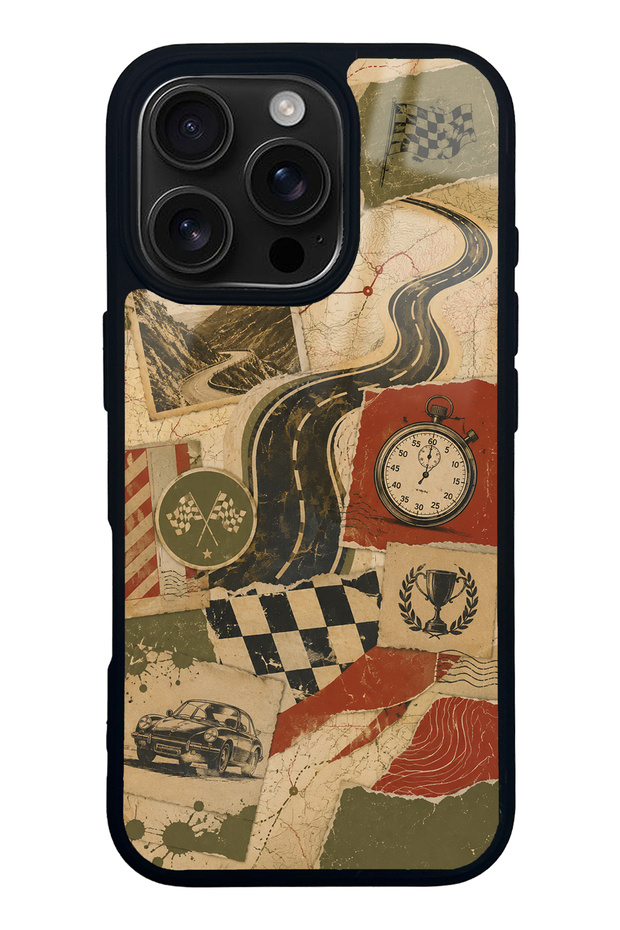 iPhone 16 Pro Retro Road Racing Design Glossy Phone Case
