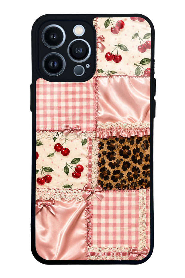 iPhone 13 Pro Max Glossy Phone Case with Cherry Leopard Patchwork Design