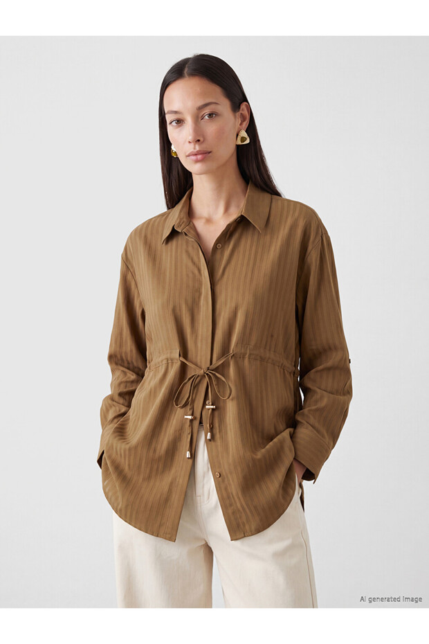 Lcw Everyday Brown Striped Women's Shirt Tunic with Tie Waist