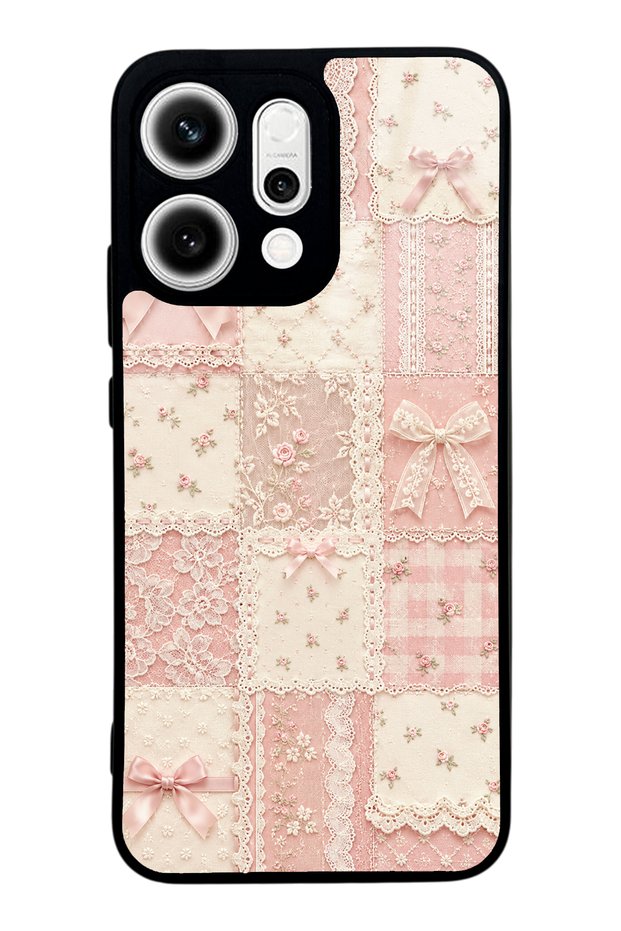 Oppo Reno 14 Glossy Phone Case with Pink Lace Patchwork Design
