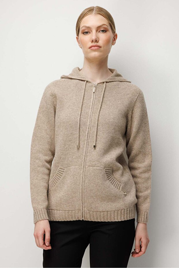 Women's Hooded Basic Zippered Wool Cardigan Dark Beige