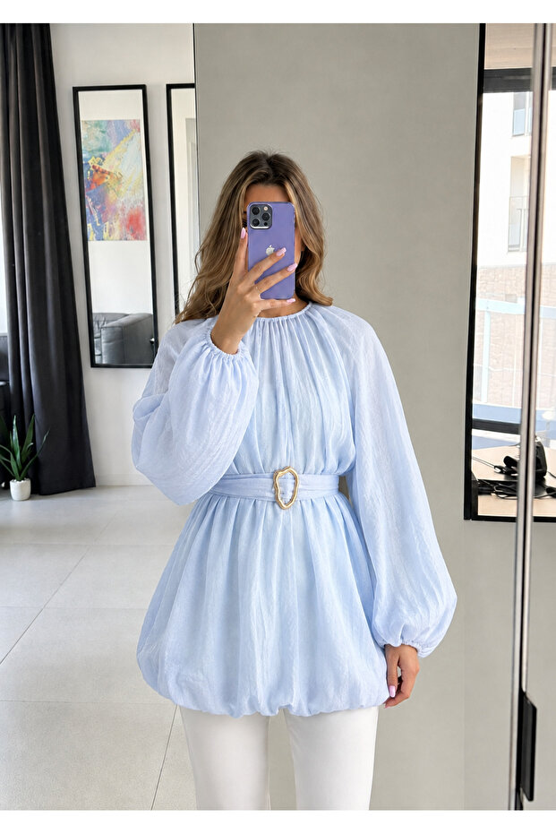 Modal Gathered Belted Blouse with Buckle