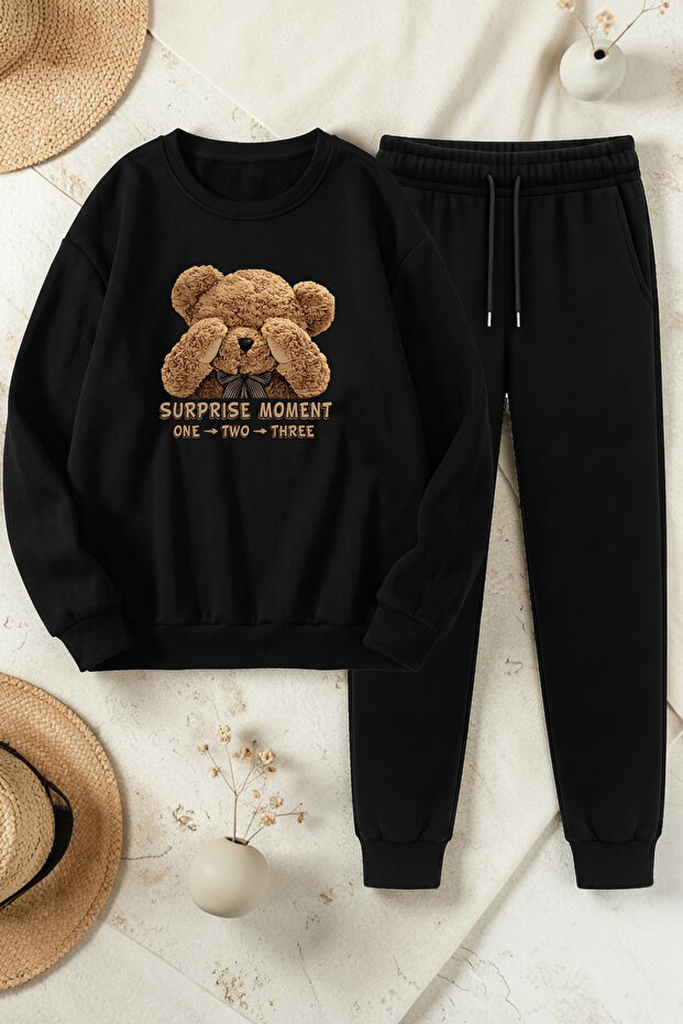 Unisex Surprise Bear Design Printed Crew Neck Sweatshirt - 2-Piece Tracksuit Set