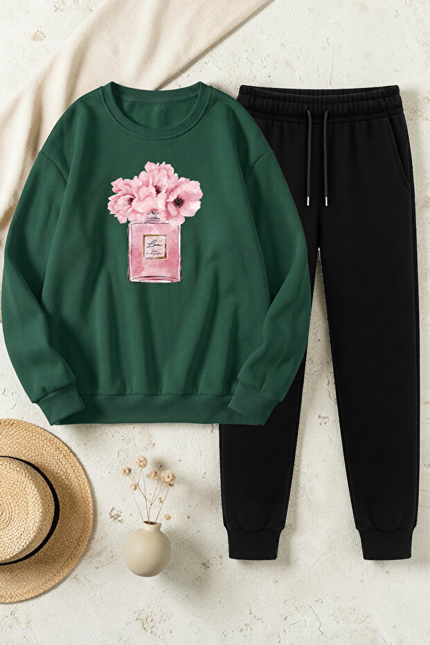 Unisex Design Printed Crew Neck Sweatshirt - 2-Piece Tracksuit Set