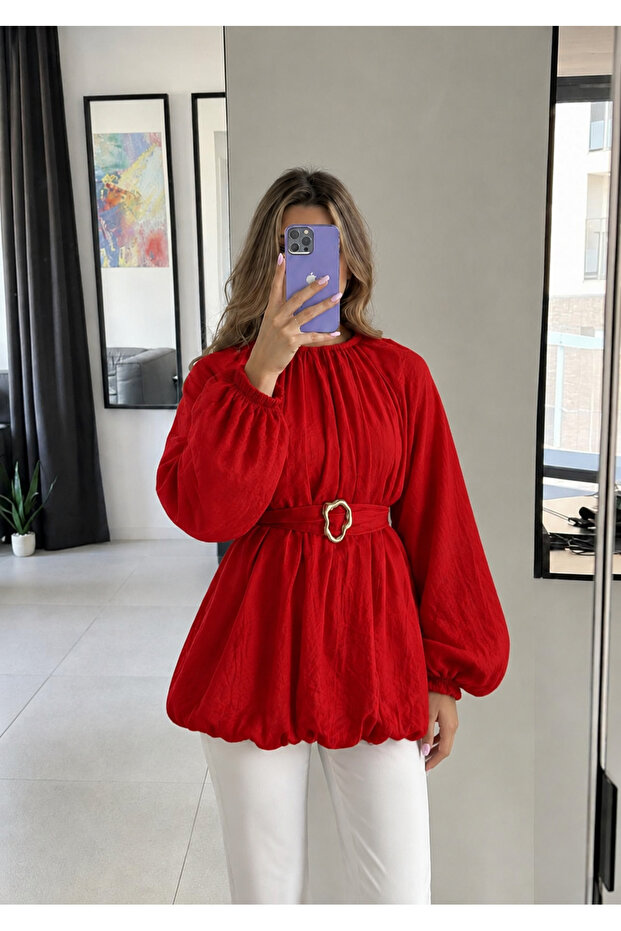 Modal Gathered Belted Blouse with Buckle