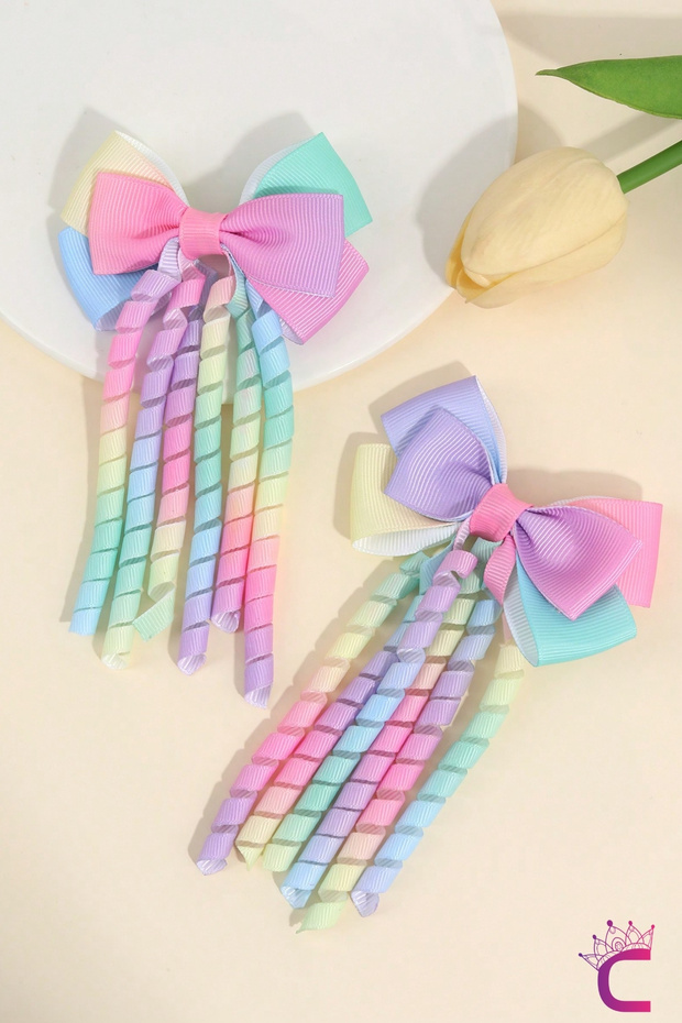 Set of 2 Pastel Rainbow Ribbon Spiral Bow Hair Clips 8cm - Year-End Show School Hair Clips