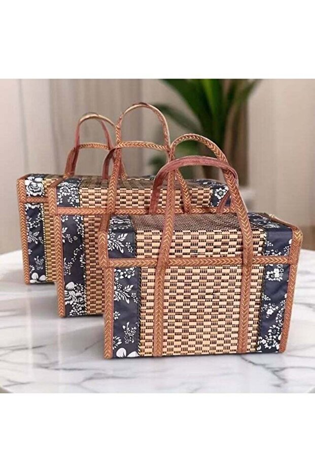 3-Piece Handmade Woven Bamboo Basket Set - Foldable Rectangular Tote Bags for Picnics, Shopping & Camping -Bamboo Bags