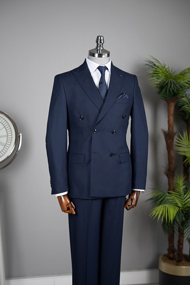 Exclusive Striped Double-Breasted Suit Navy Blue