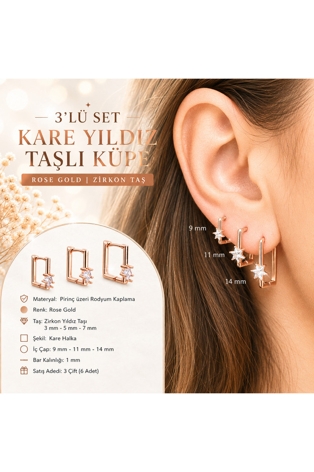 3-Piece Star Stone Square Earring Set Hoop Earrings Solitaire Star Detailed Tragus Helix Lobe 9-11-14mm