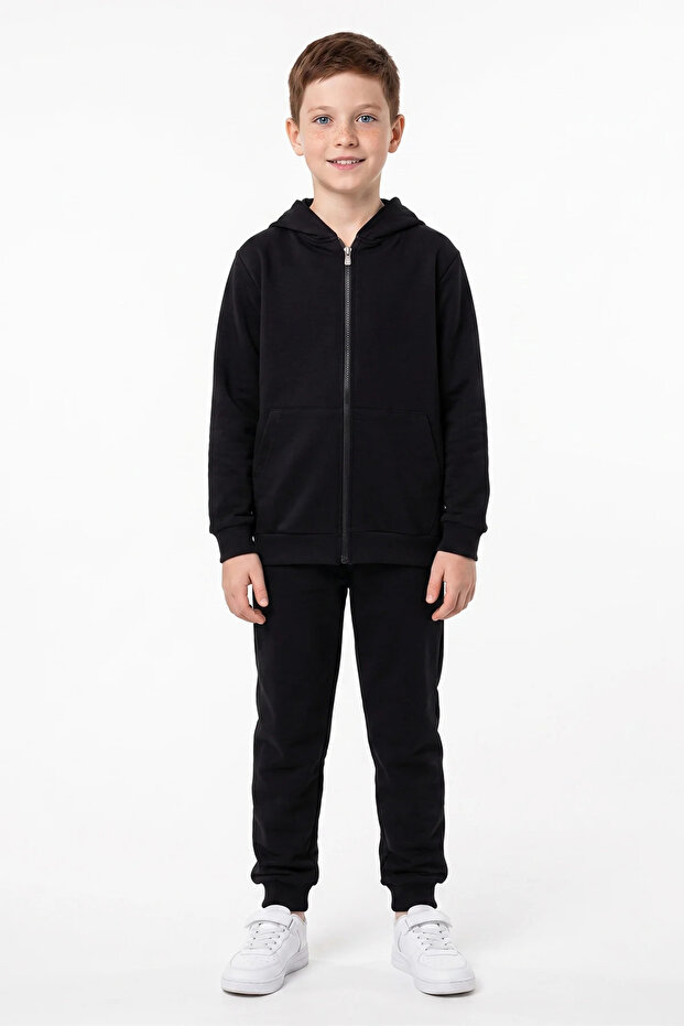 Hooded Zippered Unisex Children's School Tracksuit Set with Ribbed Trim, Plain Black