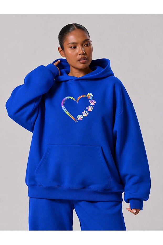 3 Yarn Combed Cotton Plus Size Paw Heart Printed Unisex Sweatshirt Df5