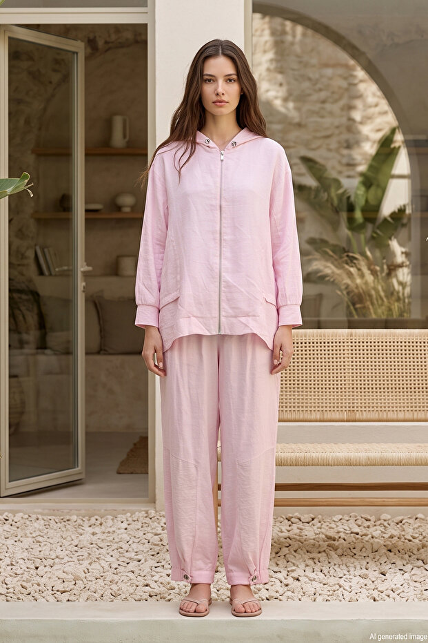 Tuniğin Front Zipper Detailed Hooded Pantsuit 2291 Pink