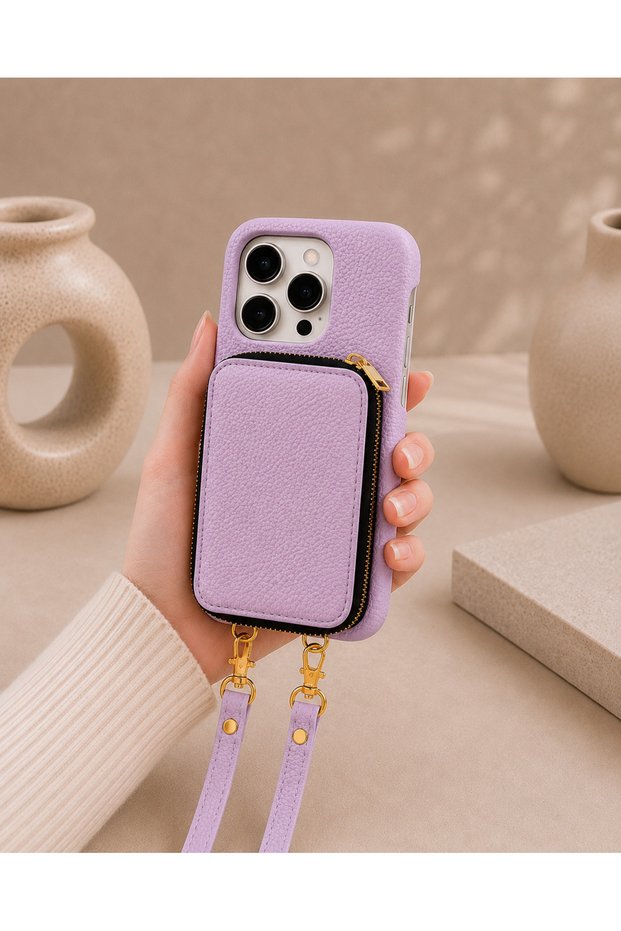 iPhone 16 Pro (6.3 Inch) Compatible Premium Lux Leather Case with Open Sides, Slim Design, Wallet, Zipper, Card Holder, Crossbody Neck Strap, and Drawstring Strap