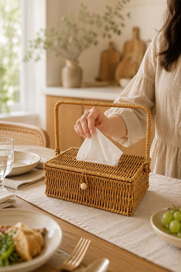 Livia Knitted Napkin Holder Box with Lid Decorative Desktop Napkin Box Organizer with Handle