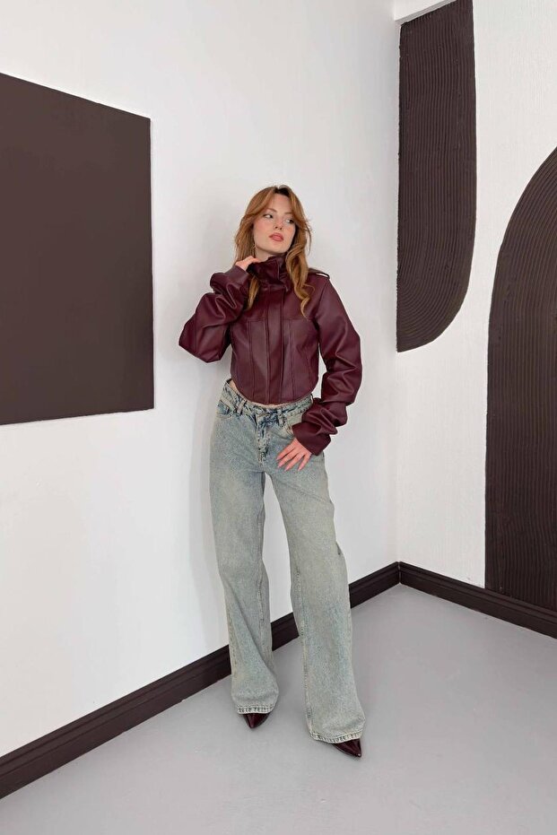 Women's Corset Detailed Biker Crop Leather Jacket