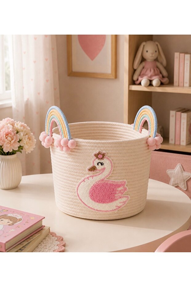 Girl's Room Toy Basket Decorative Wicker Basket Rainbow Swan Figured Organizer Storage Basket 18X18 cm